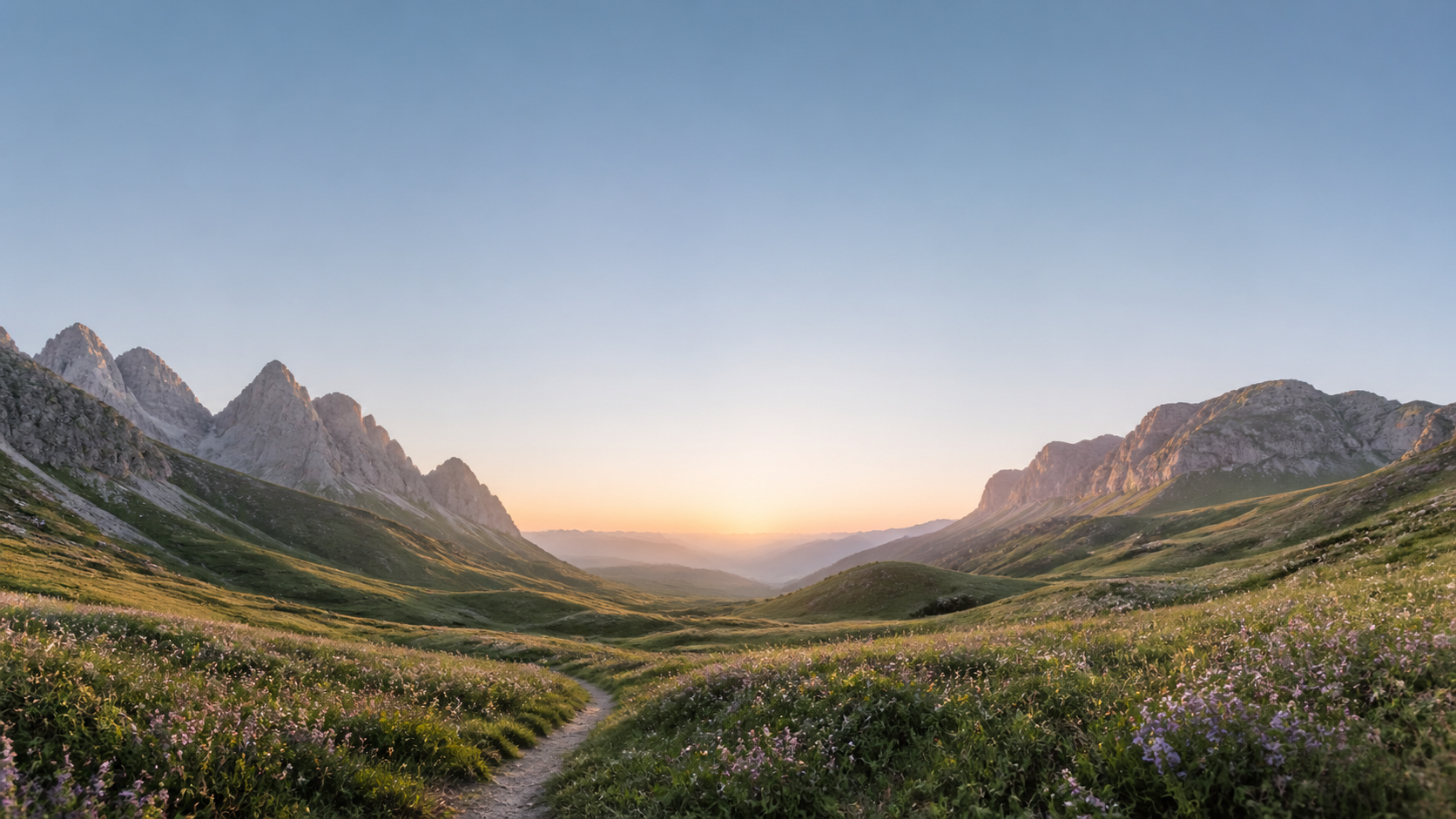 Open mountain valley with a path through wildflowers at sunrise